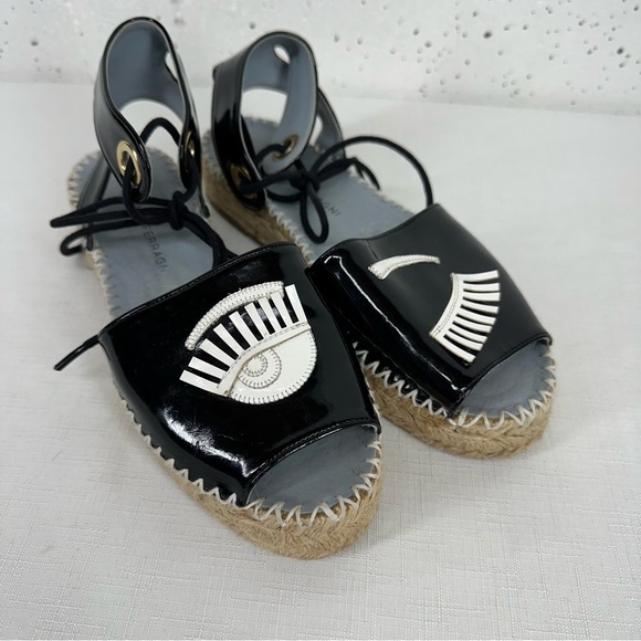 Chiara Ferragni Size 37 Winking Black Patent Leather Platform Espadrilles - Picture 1 of 16